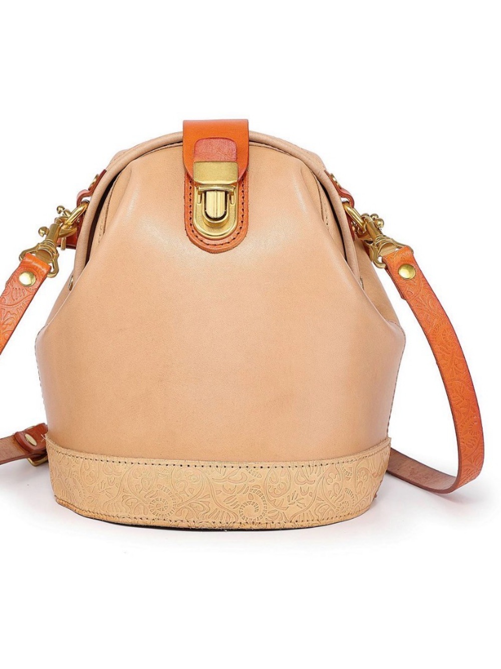 OLD TREND Leather Bucket Crossbody Bag in Nude with Orange Trim